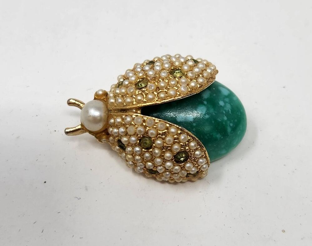 Vintage Beetle Brooch With Faux Pearls, Green Rhinestones And Green Glass Body